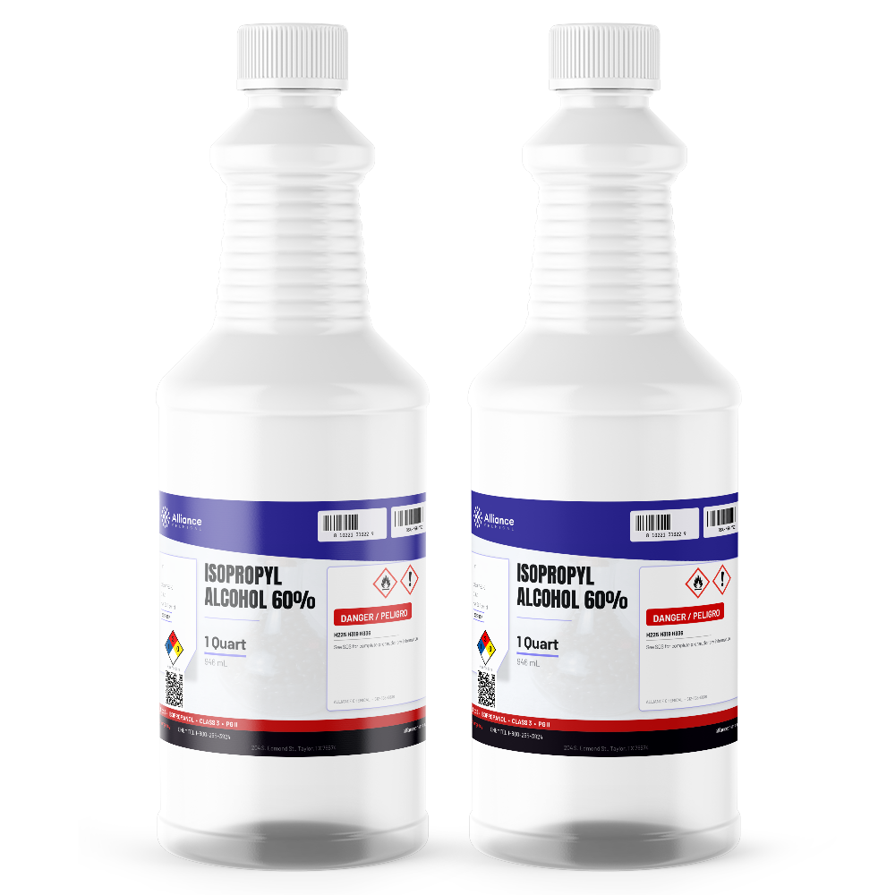 Isopropyl Alcohol 60% USP Grade in two 1-quart plastic bottles, Alliance Chemical