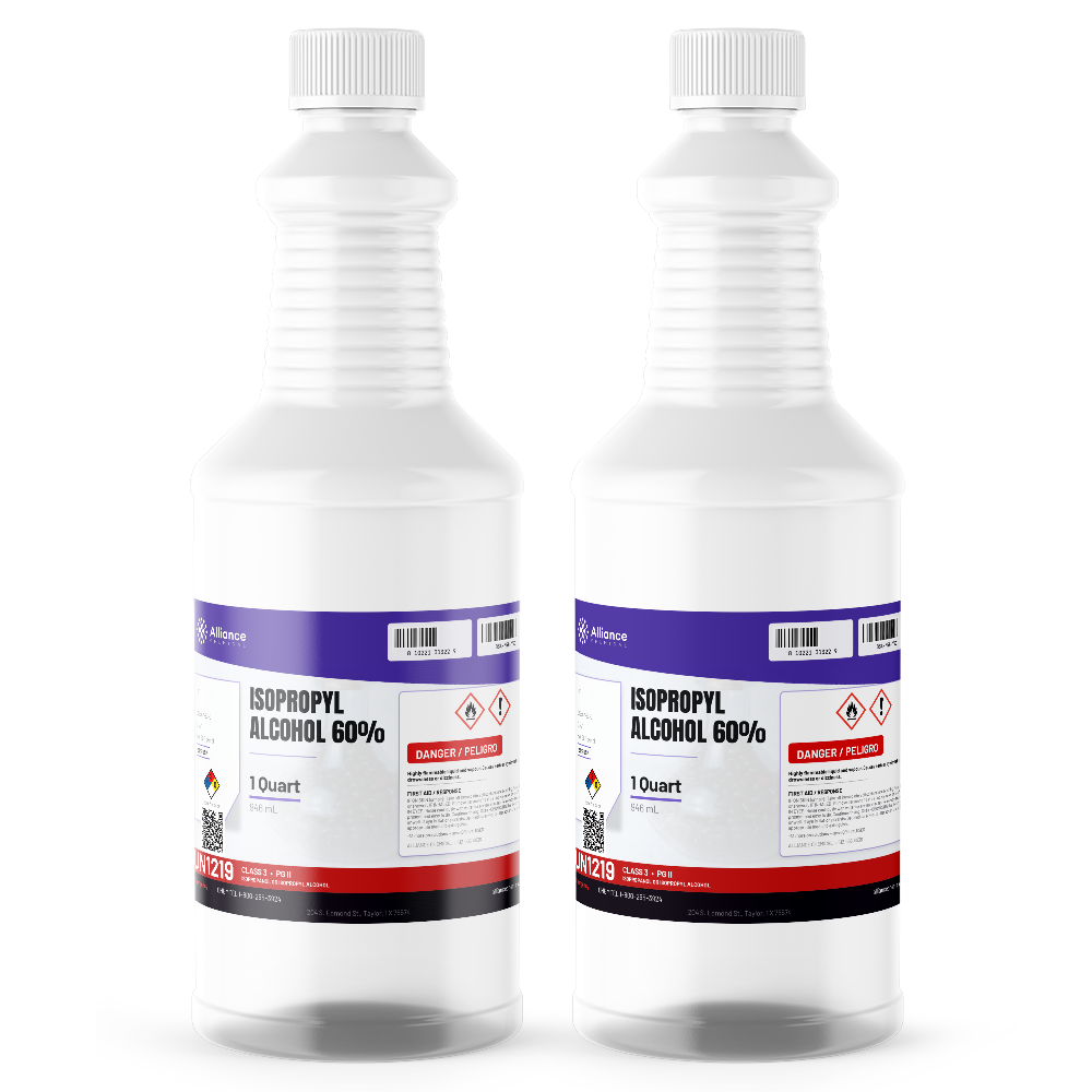 Isopropyl Alcohol 60% USP Grade in two 1-quart plastic bottles, Alliance Chemical