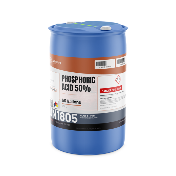 Phosphoric Acid 50% ACS Grade in a 55-gallon blue poly drum from Alliance Chemical