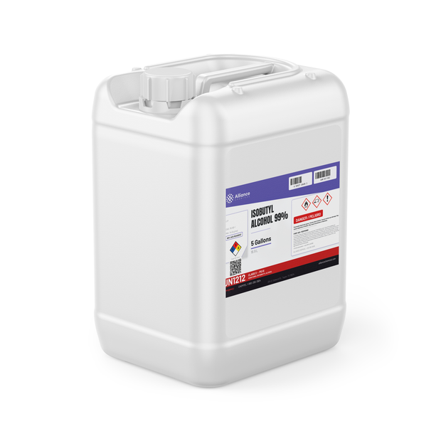 Isobutyl Alcohol 99% ACS Grade in a 5-gallon jerry can from Alliance Chemical for industrial coatings and lacquers