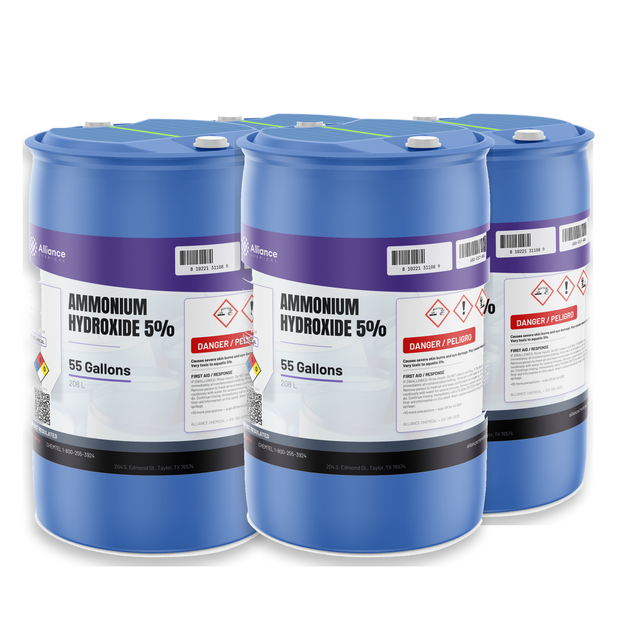 Ammonium Hydroxide 5% Technical Grade in four 55-gallon blue plastic drums from Alliance Chemical