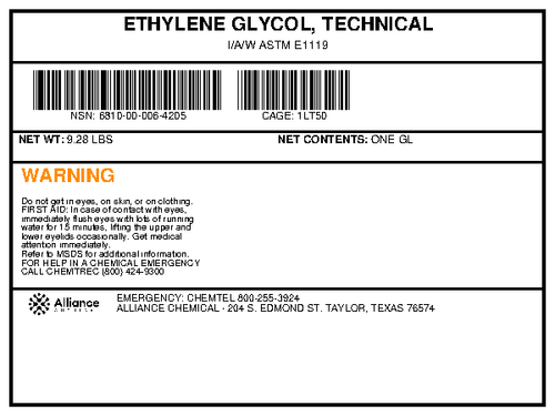 Ethylene glycol technical grade 1-gallon container product label, Alliance Chemical