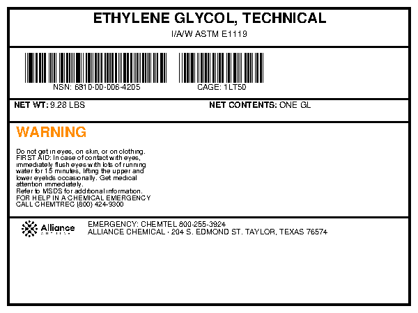 Ethylene glycol technical grade 1-gallon container product label, Alliance Chemical