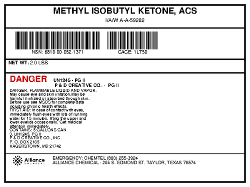 Methyl Isobutyl Ketone ACS grade product label with NSN information and hazard warnings, Alliance Chemical