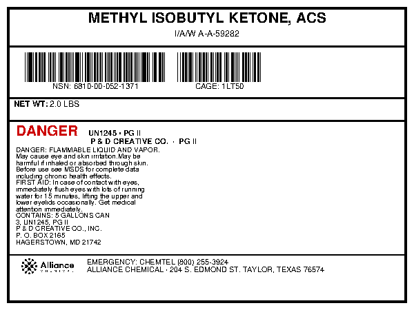 Methyl Isobutyl Ketone ACS grade product label with NSN information and hazard warnings, Alliance Chemical