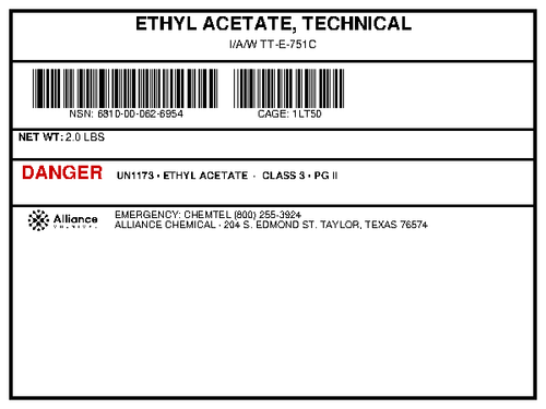 Ethyl acetate technical grade 2 lb container product specification label from Alliance Chemical