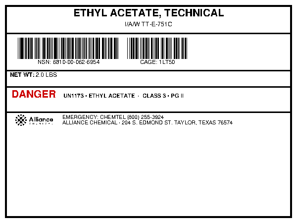 Ethyl acetate technical grade 2 lb container product specification label from Alliance Chemical