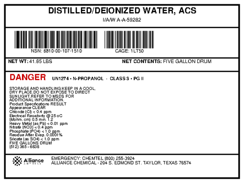 Distilled deionized water ACS reagent grade product specification label for a 5-gallon drum, Alliance Chemical