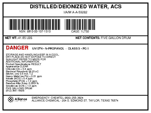 Distilled deionized water ACS reagent grade product specification label for a 5-gallon drum, Alliance Chemical