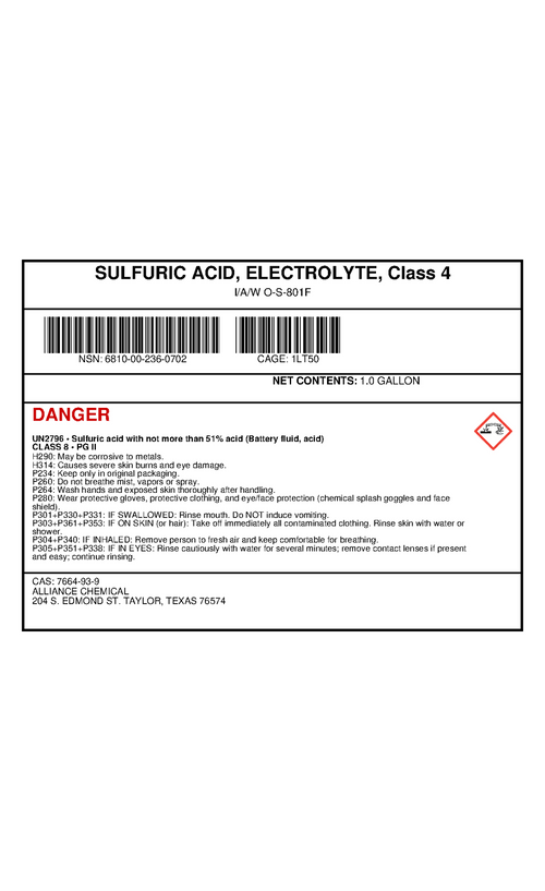 Sulfuric Acid Electrolyte Grade Class 4 1-gallon product label from Alliance Chemical