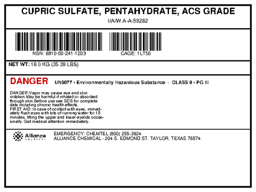 Cupric sulfate pentahydrate ACS grade product label with 16 kg net weight from Alliance Chemical