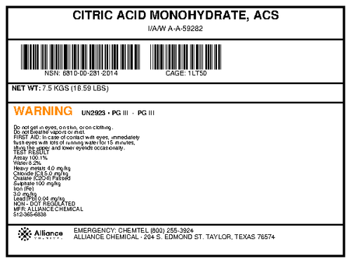 Citric Acid Monohydrate ACS Grade 7.5 kg container product label, Alliance Chemical