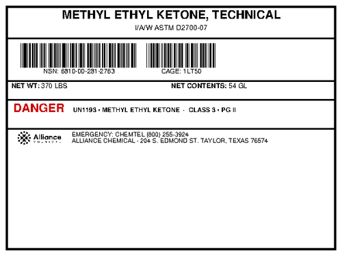 Methyl ethyl ketone technical grade 54-gallon drum product label showing NSN specifications from Alliance Chemical