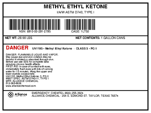 Methyl Ethyl Ketone Technical Grade ASTM D740 product label for 1-gallon cans, Alliance Chemical