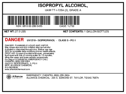 Isopropyl alcohol Grade A TT-I-735A specification label for 1-gallon bottles by Alliance Chemical