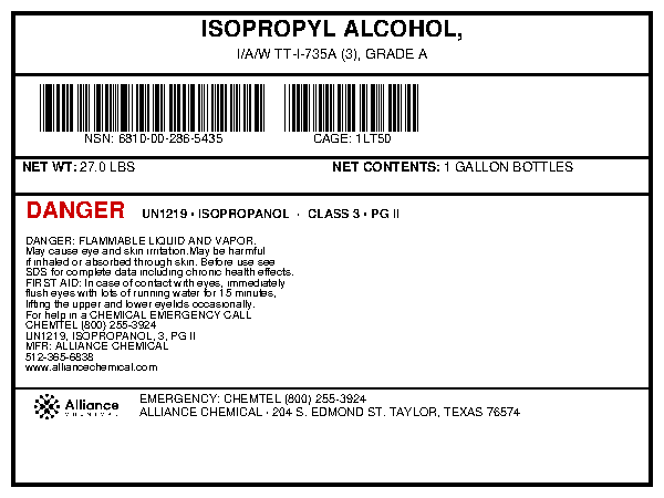 Isopropyl alcohol Grade A TT-I-735A specification label for 1-gallon bottles by Alliance Chemical