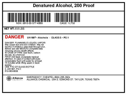 Denatured Alcohol 200 Proof product specification label with barcodes and hazard warnings from Alliance Chemical
