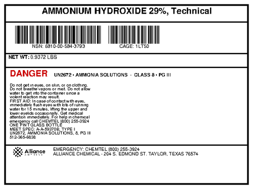 Ammonium hydroxide 29% technical grade product label for a 1-pint glass bottle from Alliance Chemical