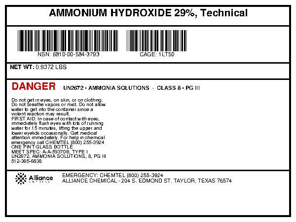 Ammonium hydroxide 29% technical grade product label for a 1-pint glass bottle from Alliance Chemical