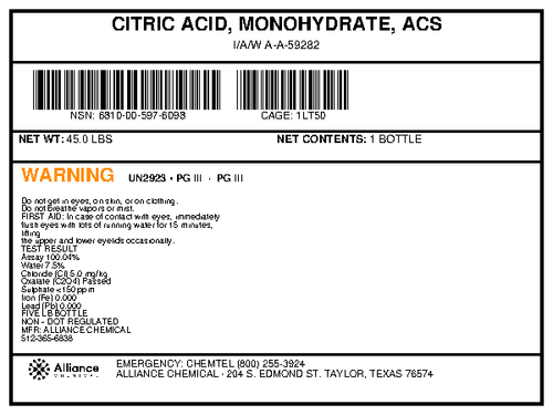 Citric acid monohydrate ACS grade product specification label for a 45-pound bottle from Alliance Chemical