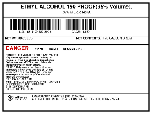 Ethyl alcohol 190 proof 95% USP grade product label for a 5-gallon drum, Alliance Chemical