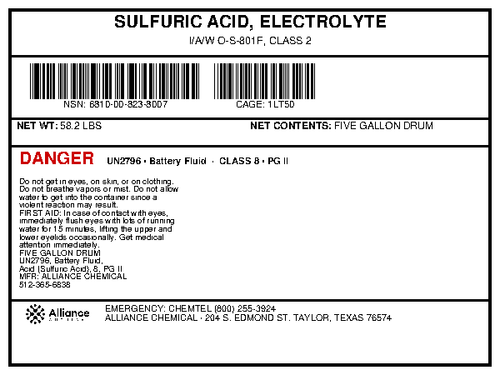 Sulfuric acid electrolyte grade product label for a 5-gallon drum from Alliance Chemical