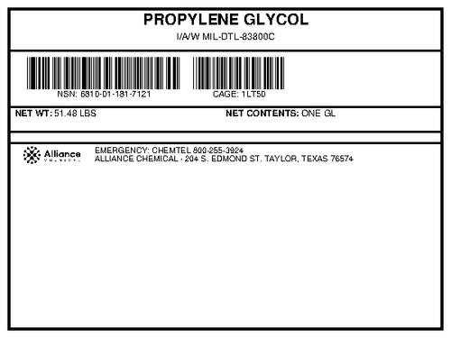 Propylene Glycol Technical Grade product label with military specification MIL-DTL-83800C from Alliance Chemical