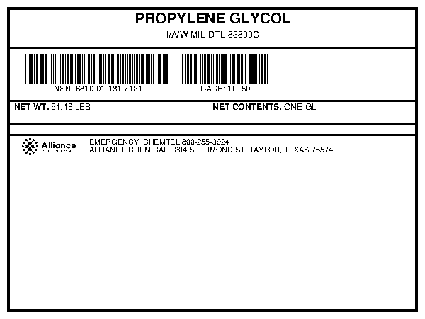 Propylene Glycol Technical Grade product label with military specification MIL-DTL-83800C from Alliance Chemical