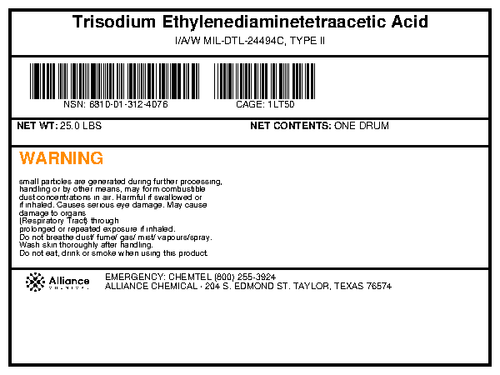 Trisodium Ethylenediaminetetraacetic Acid Type II MIL-DTL-24494C 25-pound drum label from Alliance Chemical