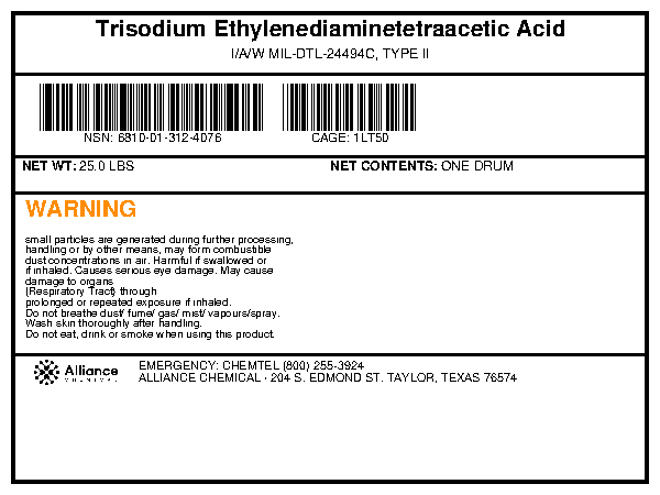 Trisodium Ethylenediaminetetraacetic Acid Type II MIL-DTL-24494C 25-pound drum label from Alliance Chemical