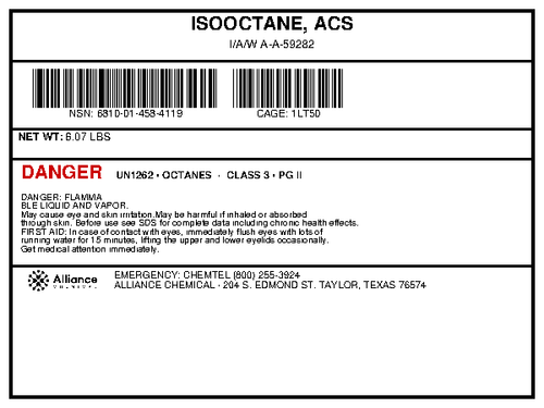 Isooctane ACS grade chemical product label displaying 6.07 lbs net weight from Alliance Chemical