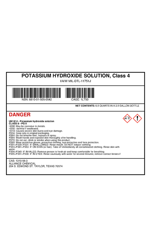 Potassium Hydroxide Solution Class 4 MIL-DTL-11751J product label for 2-gallon bottle by Alliance Chemical