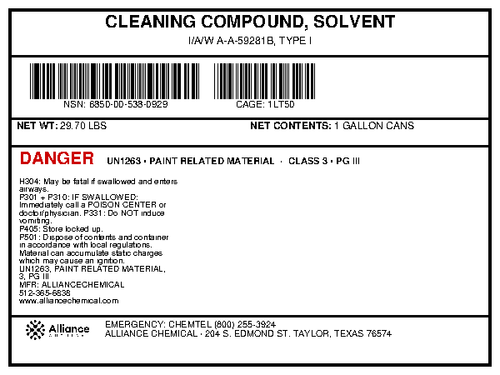 Cleaning Compound, Solvent Grade A product specification label for 1-gallon cans from Alliance Chemical