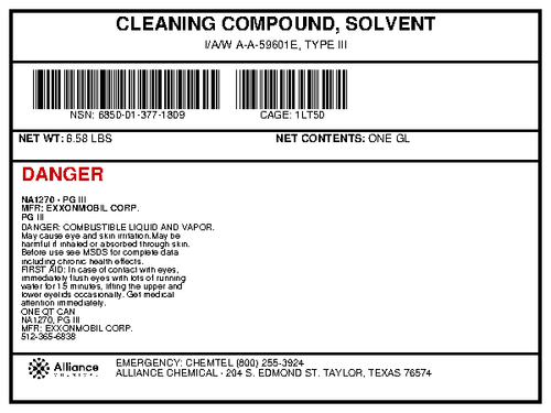 Cleaning compound solvent Type III military spec A-A-59601E product specification label graphic from Alliance Chemical