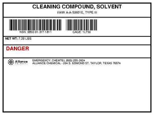 Cleaning compound solvent A-A-59601E Type III specification and danger label from Alliance Chemical