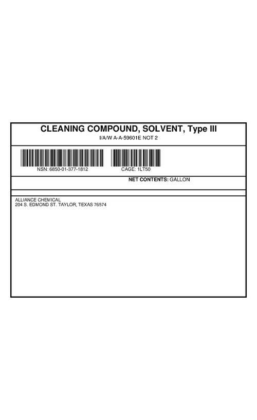 Cleaning Compound Solvent Type III A-A-59601E 1-gallon product specification label from Alliance Chemical