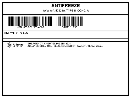 Antifreeze A-A-52624A Type II Conc A virgin grade product label, Alliance Chemical