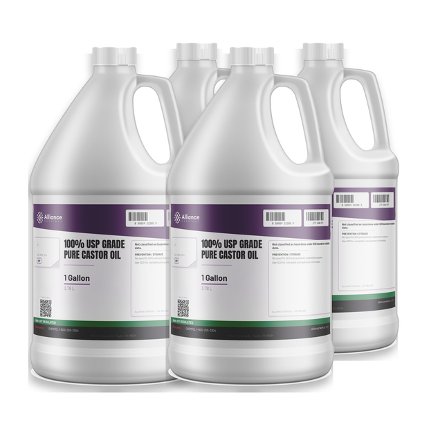 100% USP grade pure castor oil in a case of four 1-gallon plastic jugs from Alliance Chemical