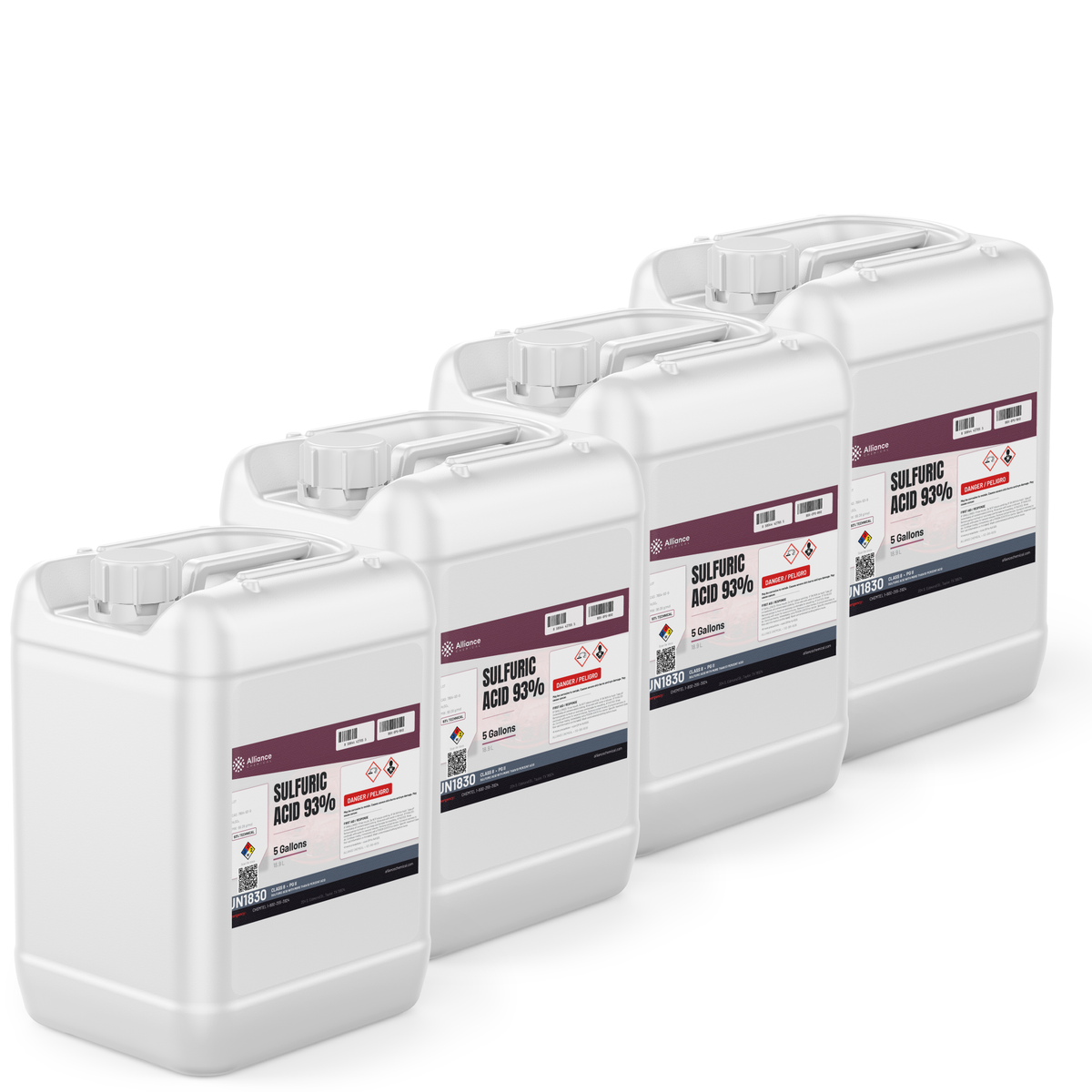 Sulfuric Acid 93% Technical Grade in four 5-gallon jerry cans for wastewater treatment, Alliance Chemical