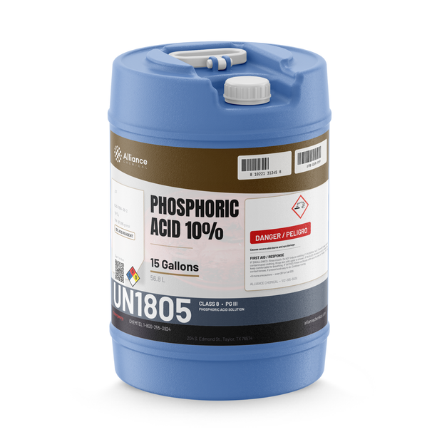 Phosphoric acid 10% ACS Reagent Grade in a 15-gallon blue plastic carboy from Alliance Chemical