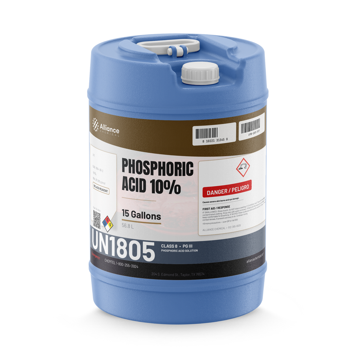 Phosphoric Acid 10% ACS Reagent Grade 15-gallon blue plastic carboy, Alliance Chemical