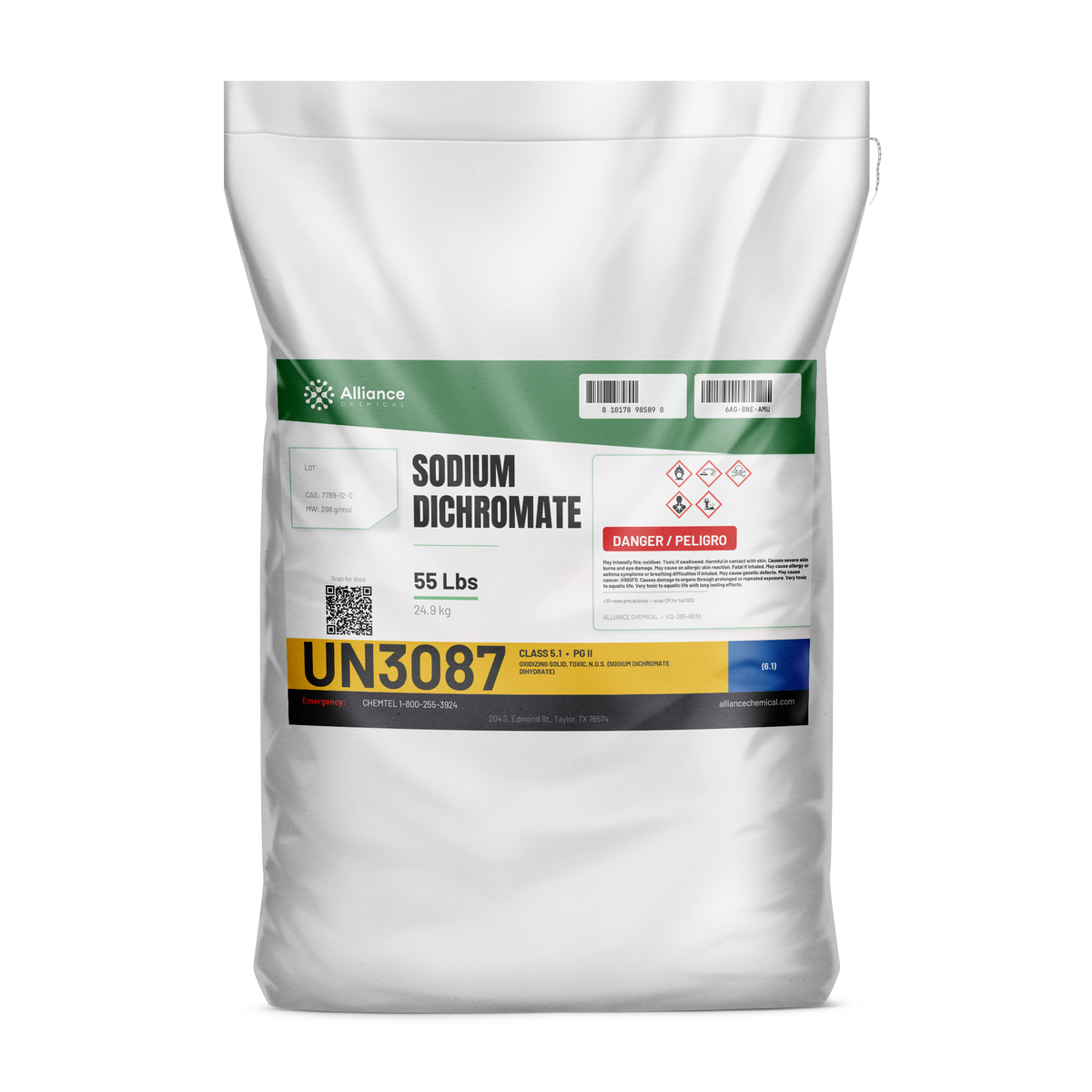 Sodium dichromate technical grade in a 55-lb bag, Alliance Chemical for metal surface finishing and chrome tanning