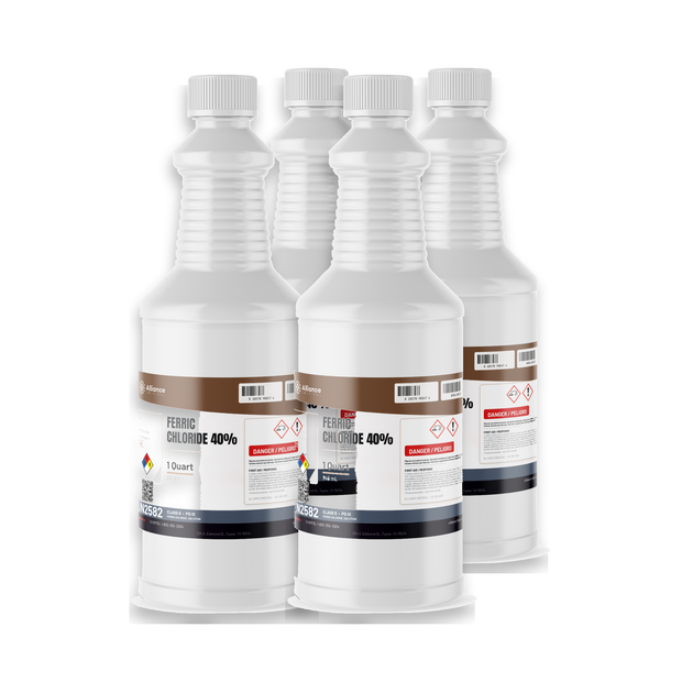 Ferric Chloride 40% solution in four 1-quart plastic bottles from Alliance Chemical for PCB etching and water treatment