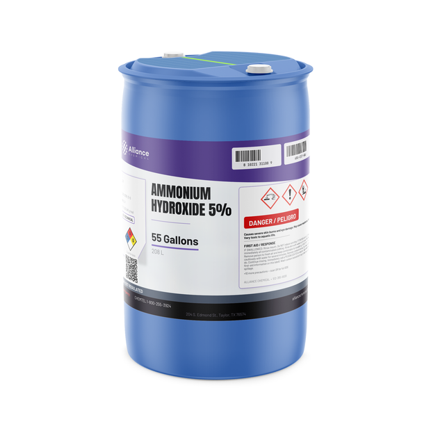 Ammonium Hydroxide 5% Technical Grade in a blue 55-gallon drum from Alliance Chemical