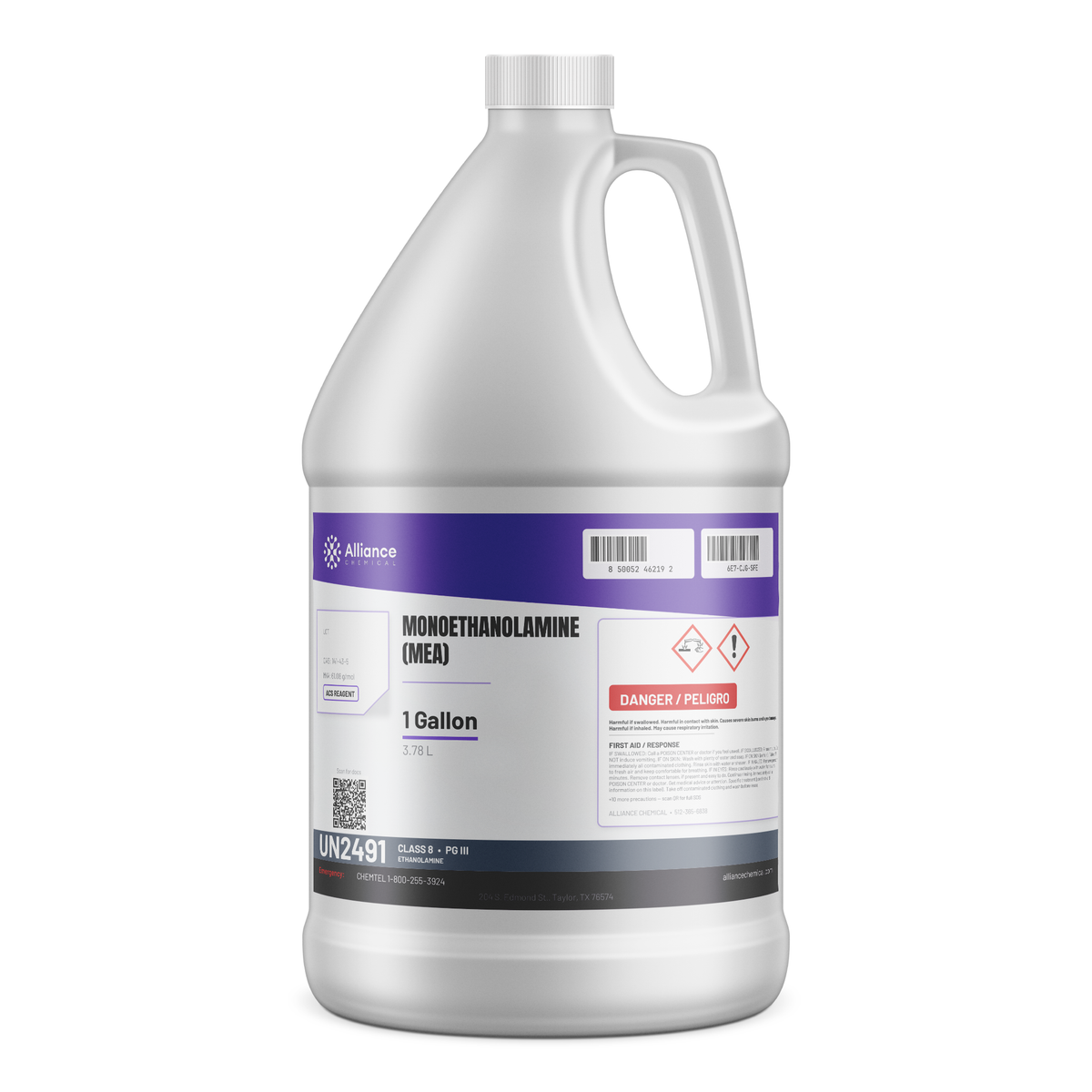Monoethanolamine MEA ACS reagent grade in a 1-gallon plastic jug for gas scrubbing, Alliance Chemical