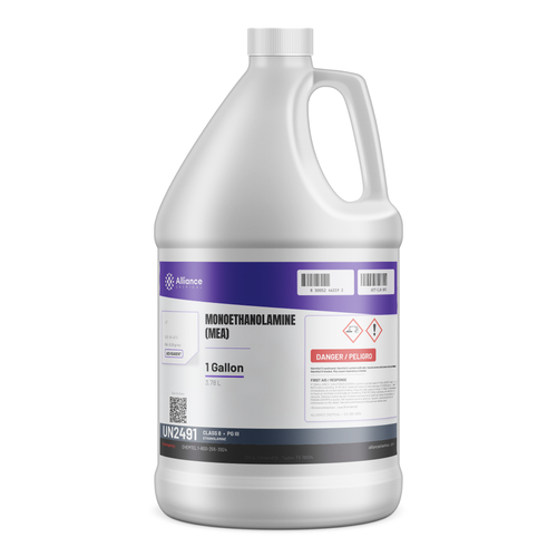 Monoethanolamine MEA ACS reagent grade in a 1-gallon plastic jug for gas scrubbing, Alliance Chemical