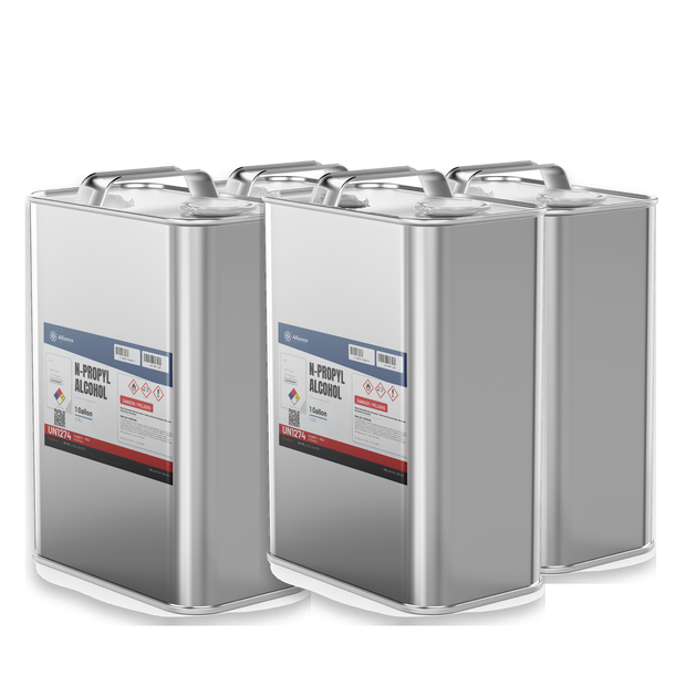 N-Propyl Alcohol ACS Grade in four 1-gallon metal cans for lab solvents and coatings, Alliance Chemical