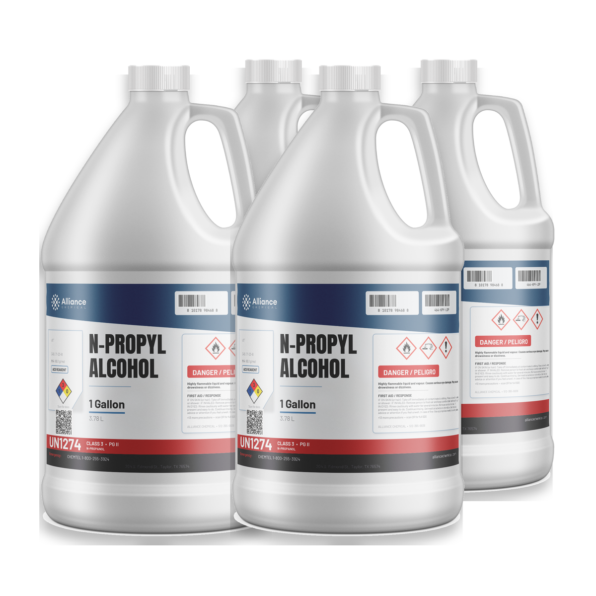 N-Propyl Alcohol ACS Reagent Grade, four 1-gallon plastic jugs for analytical solvent use, Alliance Chemical