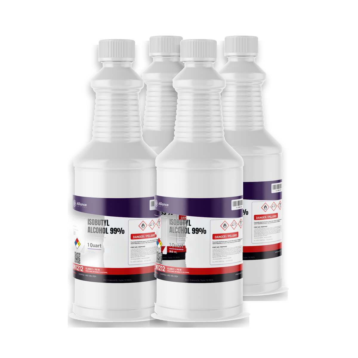 Isobutyl Alcohol 99% Technical Grade in four 1-quart plastic bottles for lacquer solvents, Alliance Chemical