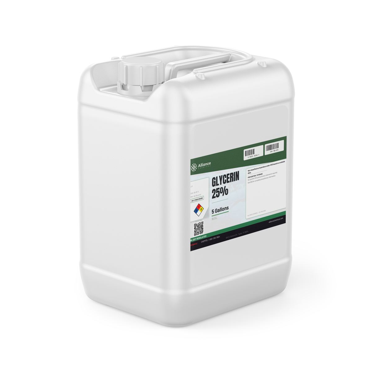 Glycerin 25% Food Grade liquid in a 5-gallon white plastic jerry can, Alliance Chemical